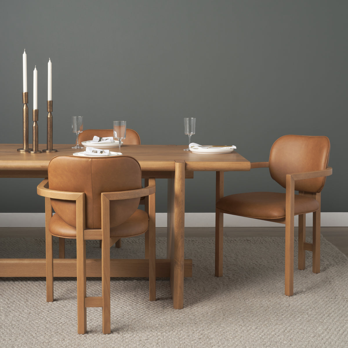 Mercana Carlisle Curved Back Dining Arm Chair | Tan Leather w/ Brown Wood