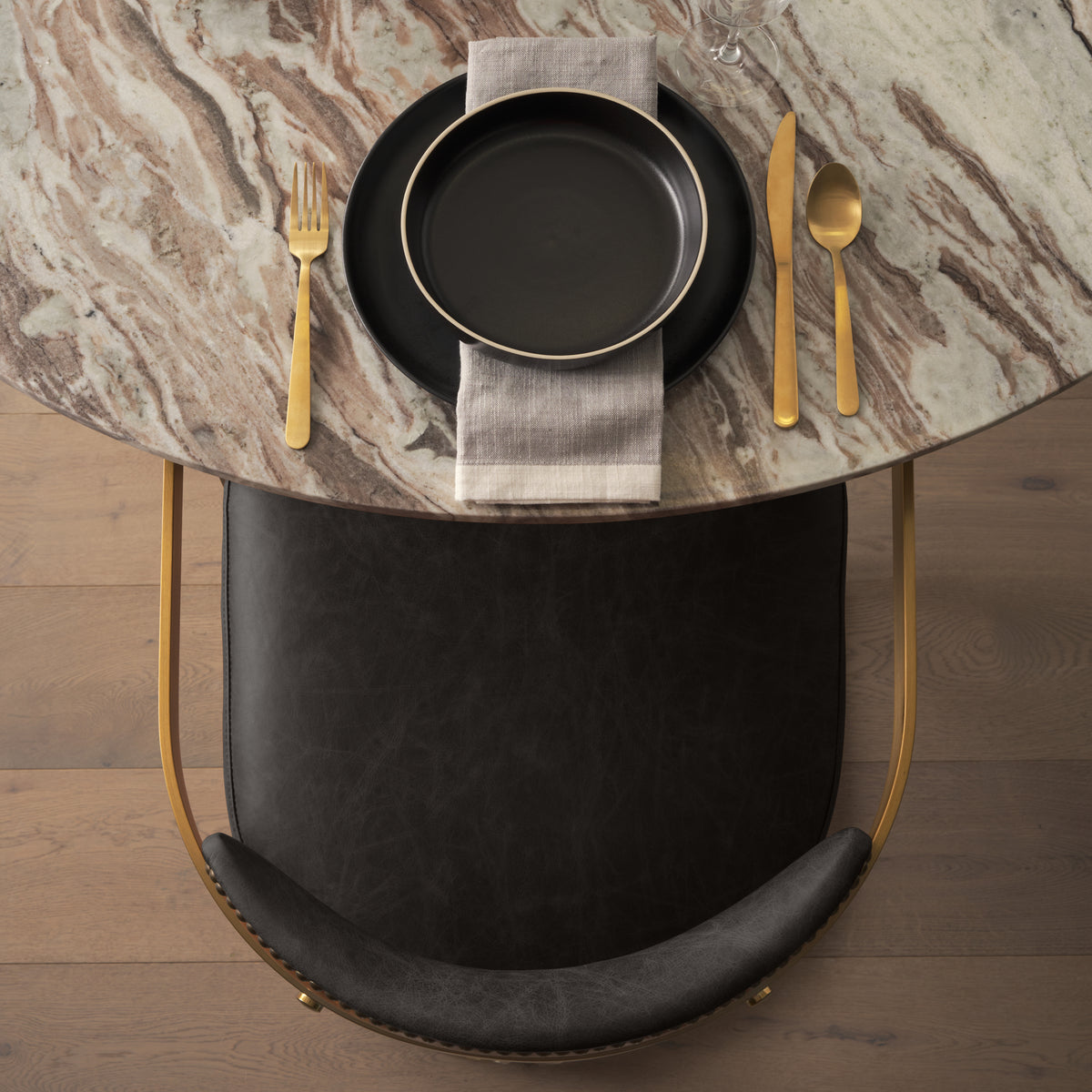 Mercana Hollyfield Curved Back Dining Side Chair | Black Leather w/ Gold Iron