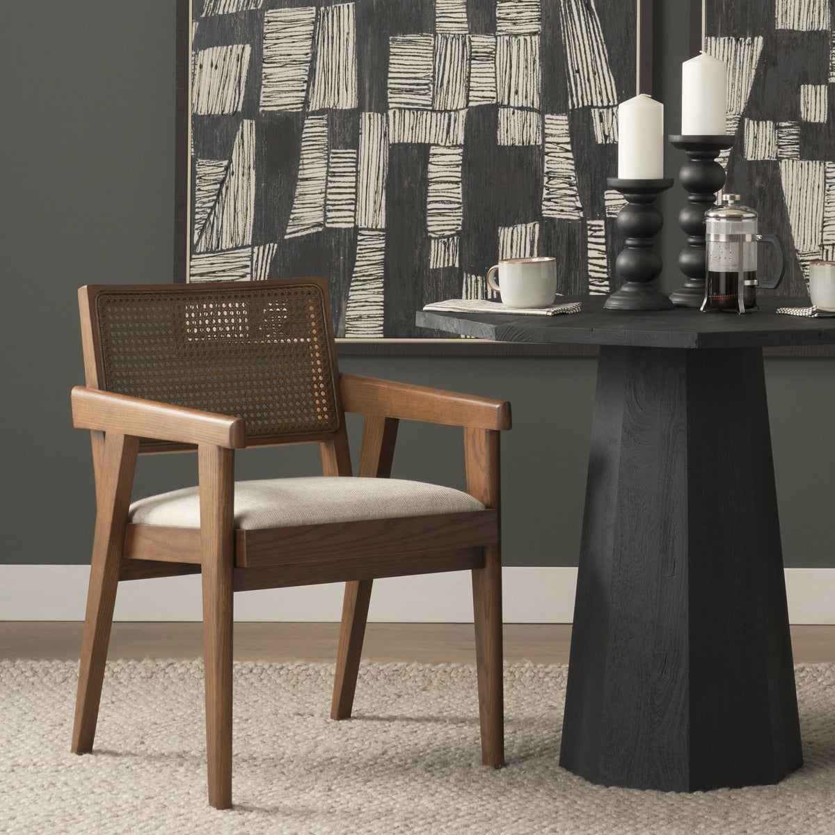 Mercana Reid Cane Back Dining Arm Chair | Cream Fabric w/ Brown Wood