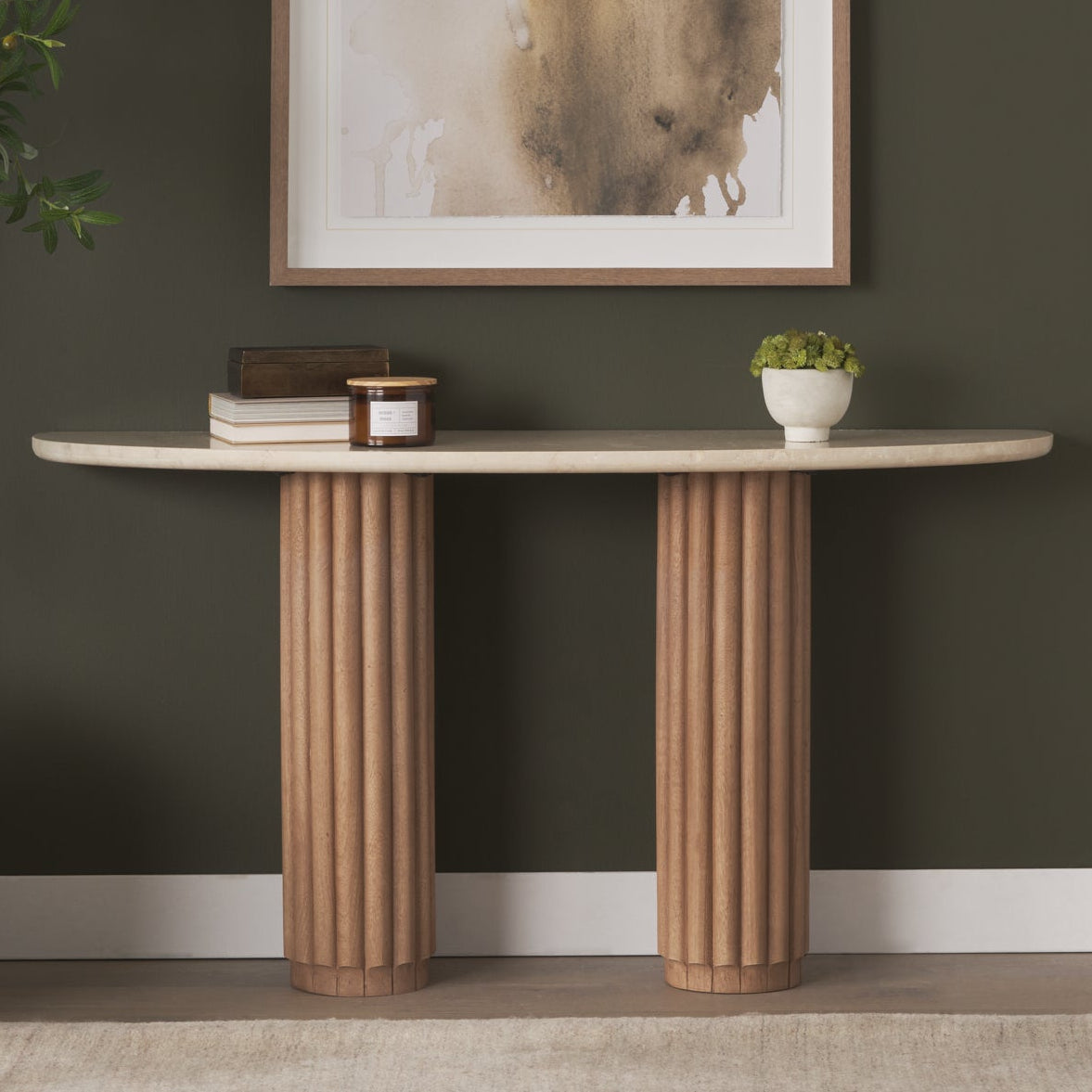 Mercana Marbrello Botticino Marble Top Light Brown Fluted Wood Half Moon Console Table in Beige, primary product view
