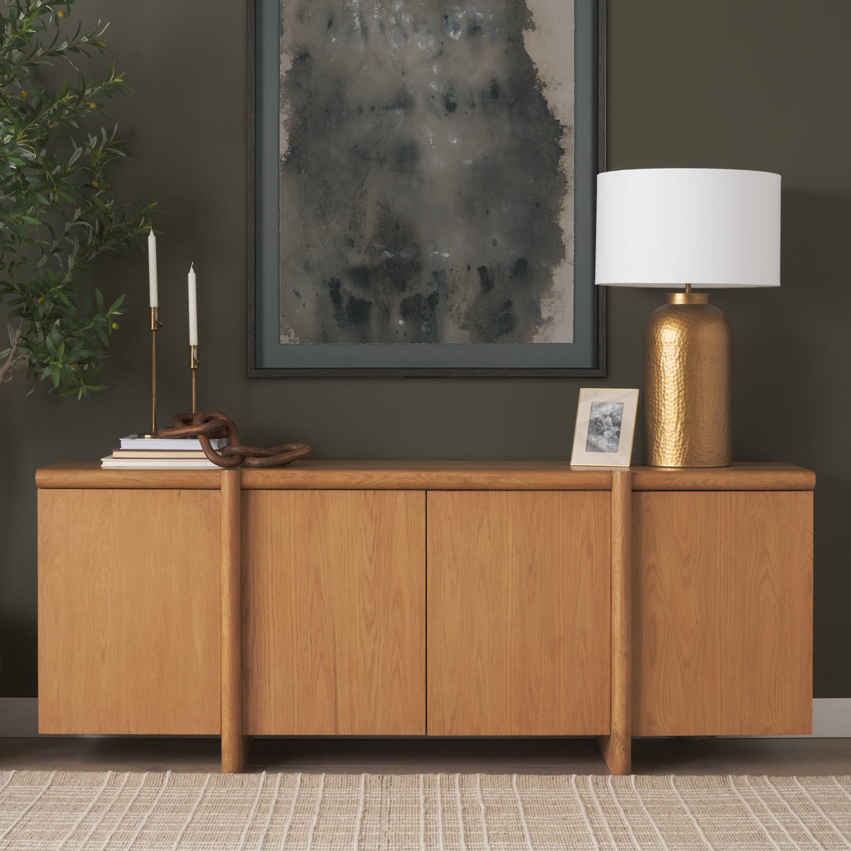 Mercana Rowan Light Brown Oak Wood Closed 4 Door Sideboard, primary product view