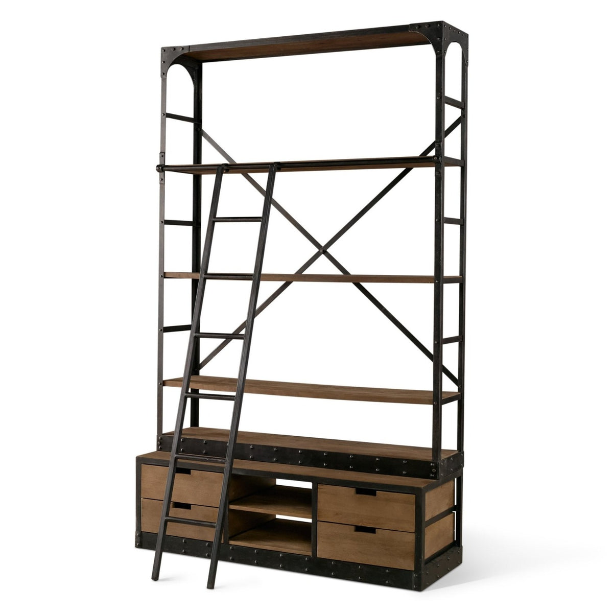 Mercana Brodie VIII Brown Wood Gun-Metal Ladder Four Shelf Shelving Unit in Gun-Metal Gray, primary product view