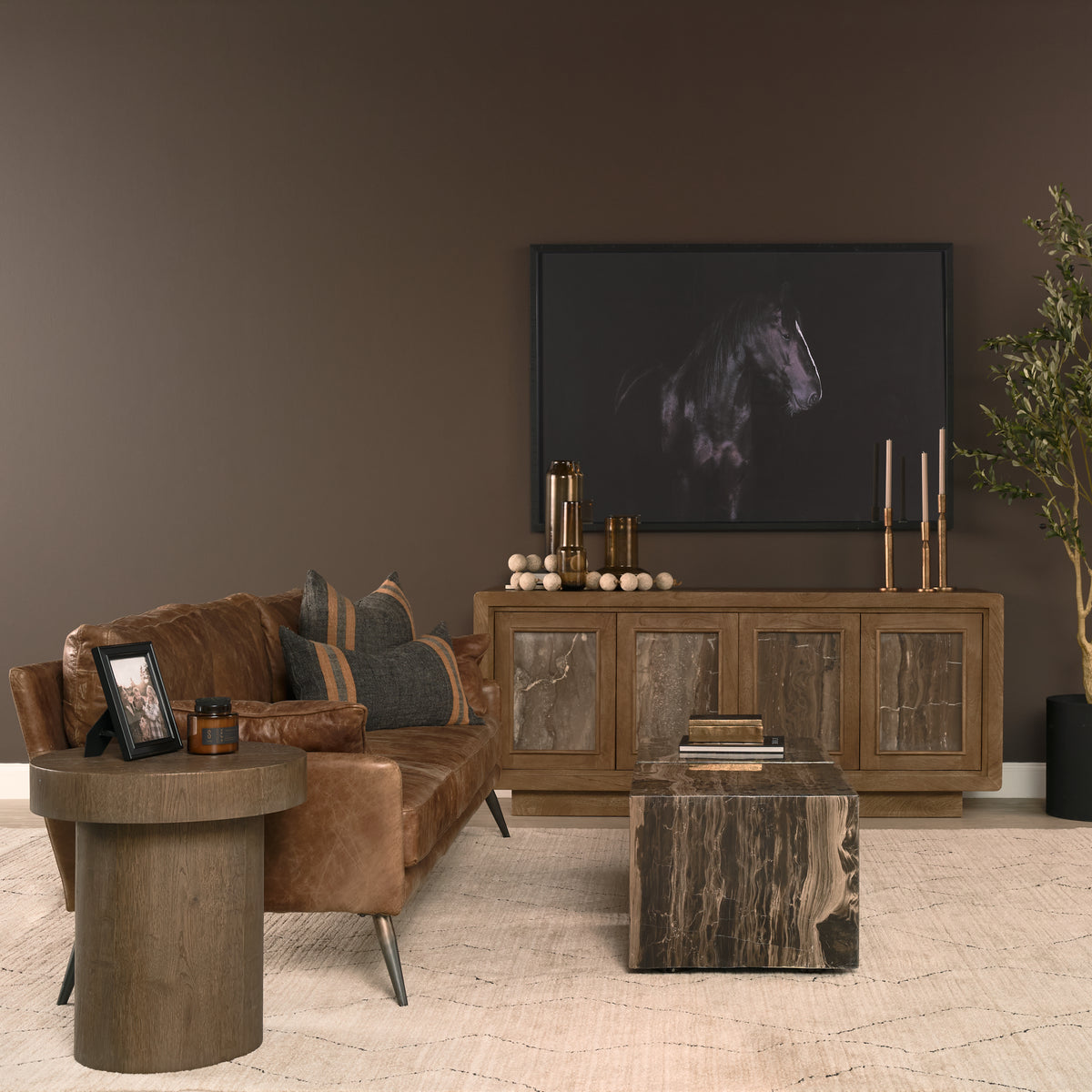 Mercana Valterra Dark Brown Wood w/ Cappuccino Marble 4 Door Sideboard