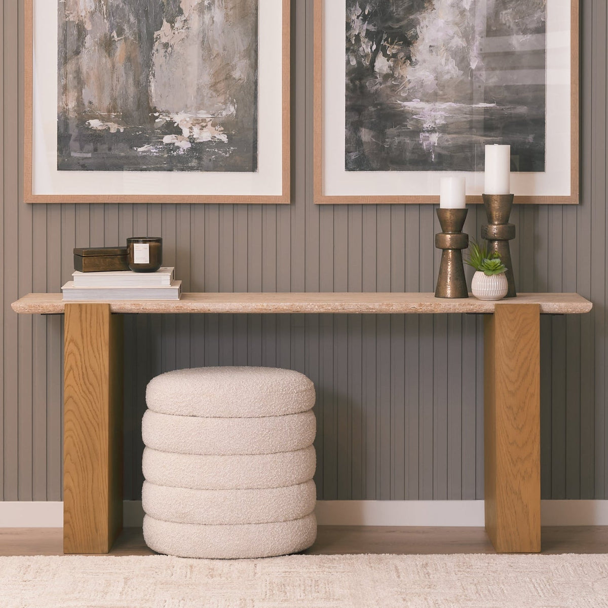 Mercana Milos Travertine Top w/Light Brown Oak Wood Console Table, primary product view