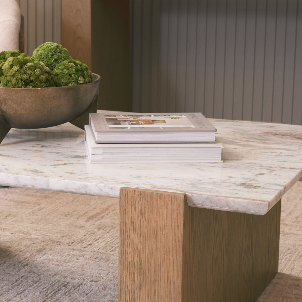 Mercana Milos Pink Marble Top w/ Light Brown Oak Wood Coffee Table