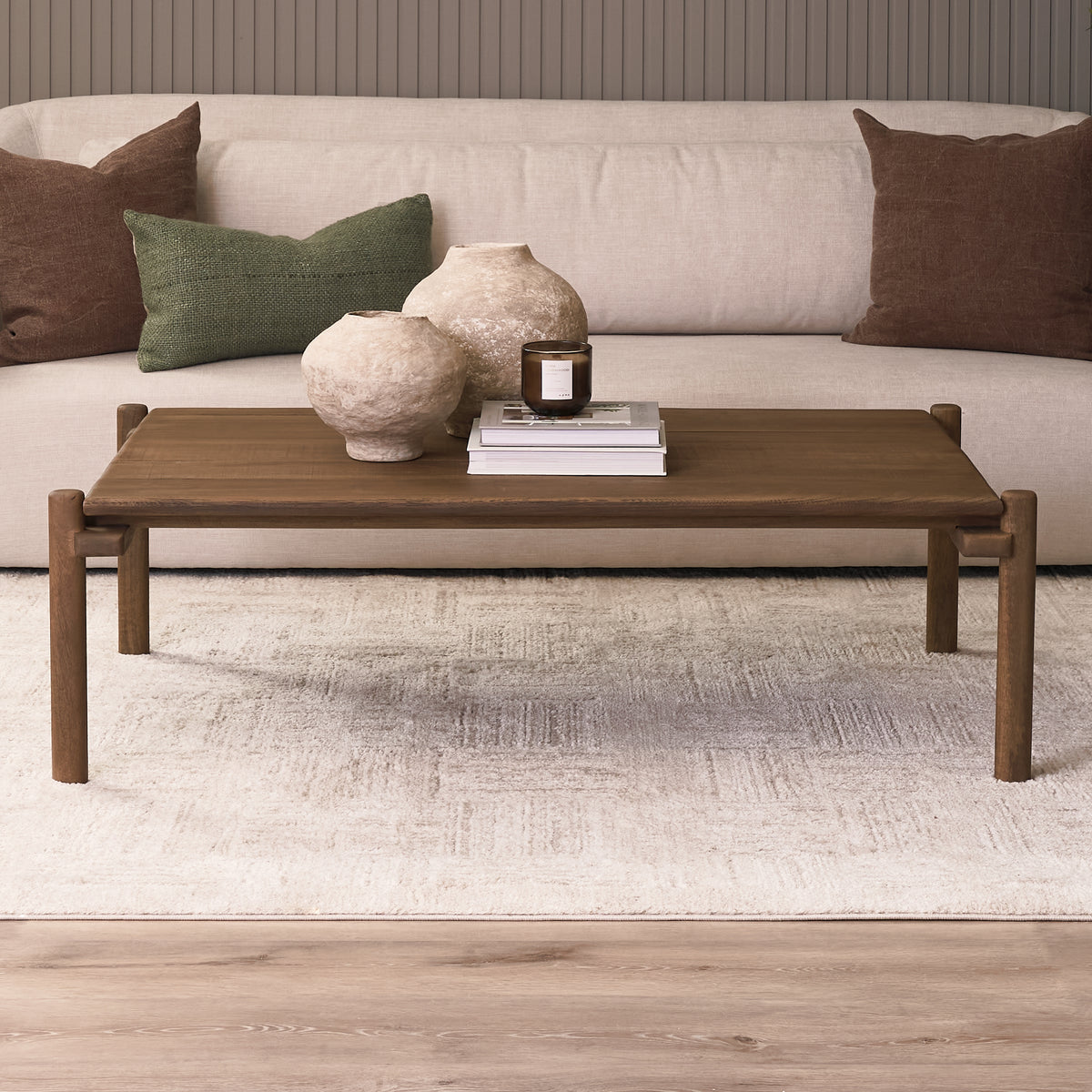 Mercana Riven Oak Wood Rectangular Coffee Table in Brown, primary product view
