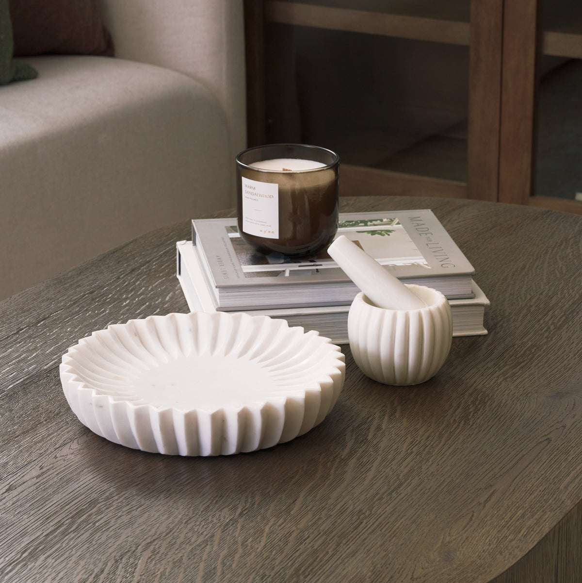 Mercana Fiora Round White Marble Scalloped Decorative Bowl