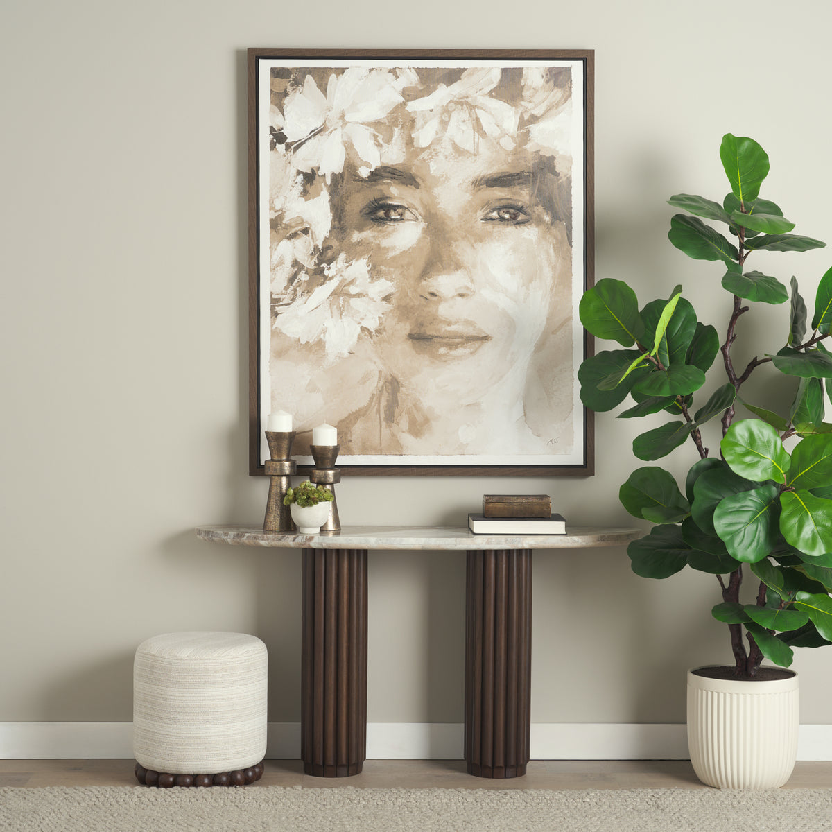 Mercana Marbrello Pink Marble Top Dark Brown Fluted Wood Half Moon Console Table Top