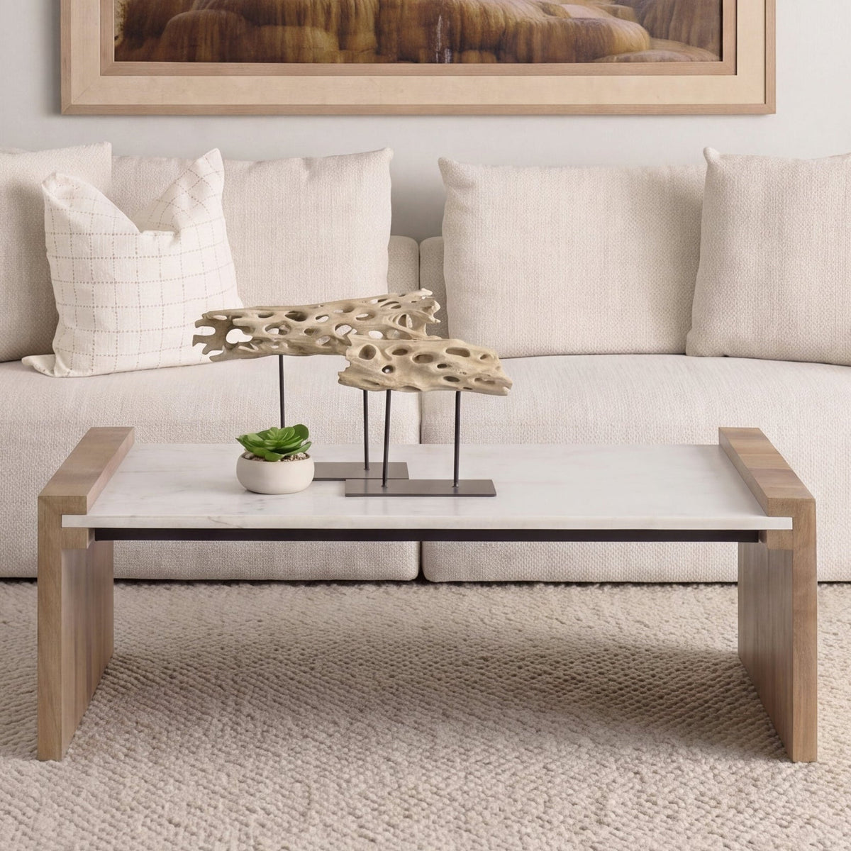 Mercana Athens Light Brown Wood and White Marble Coffee Table, primary product view