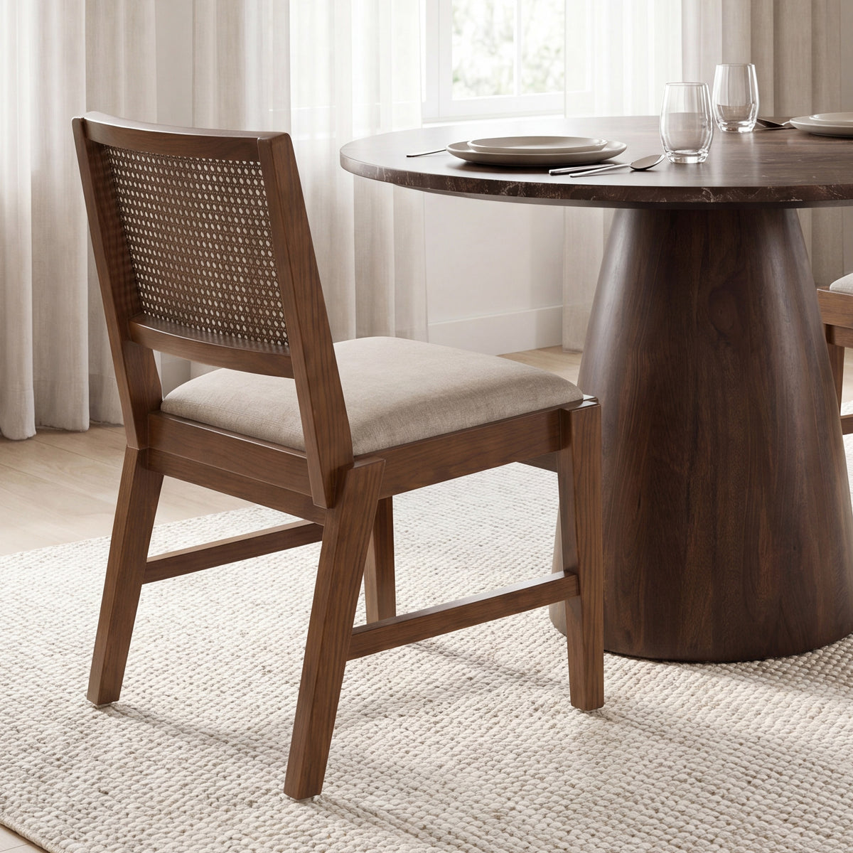 Mercana Reid Cane Back Dining Side Chair | Cream Fabric w/ Brown Wood