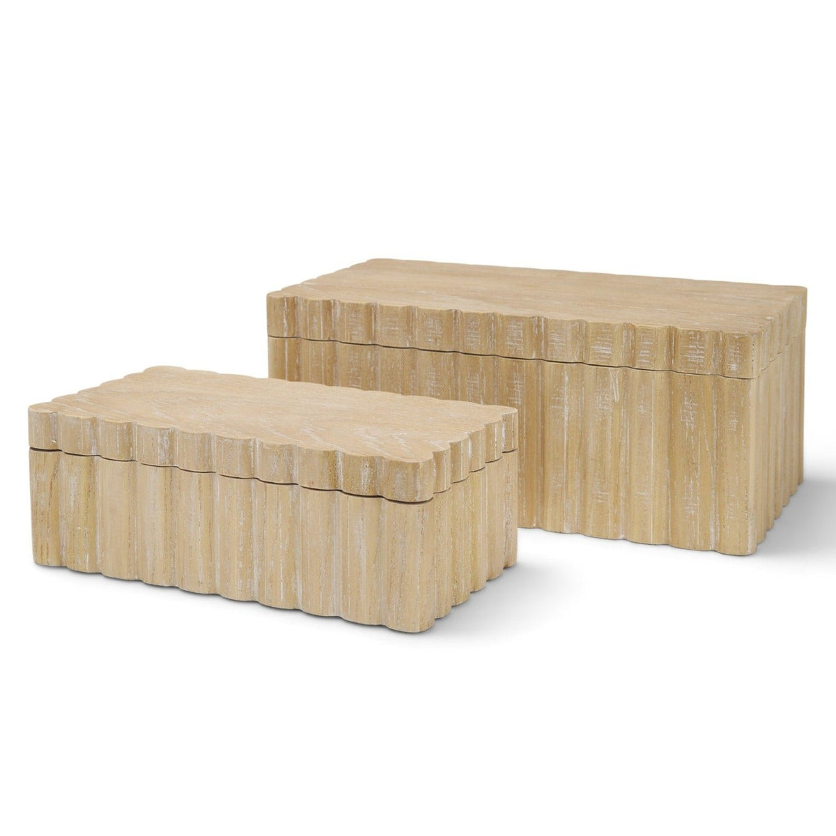 Mercana Strata Fluted White-Washed Wood Decorative Box Set in Light Brown, primary product view