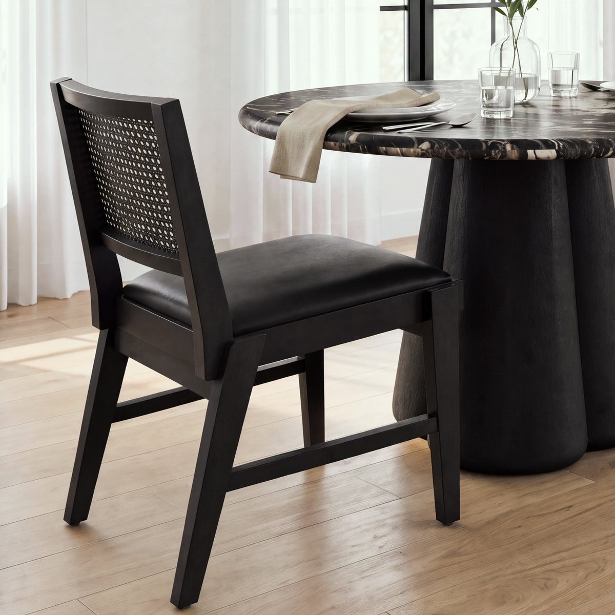 Mercana Reid Cane Back Dining Side Chair | Black Leather w/ Tapered Wood