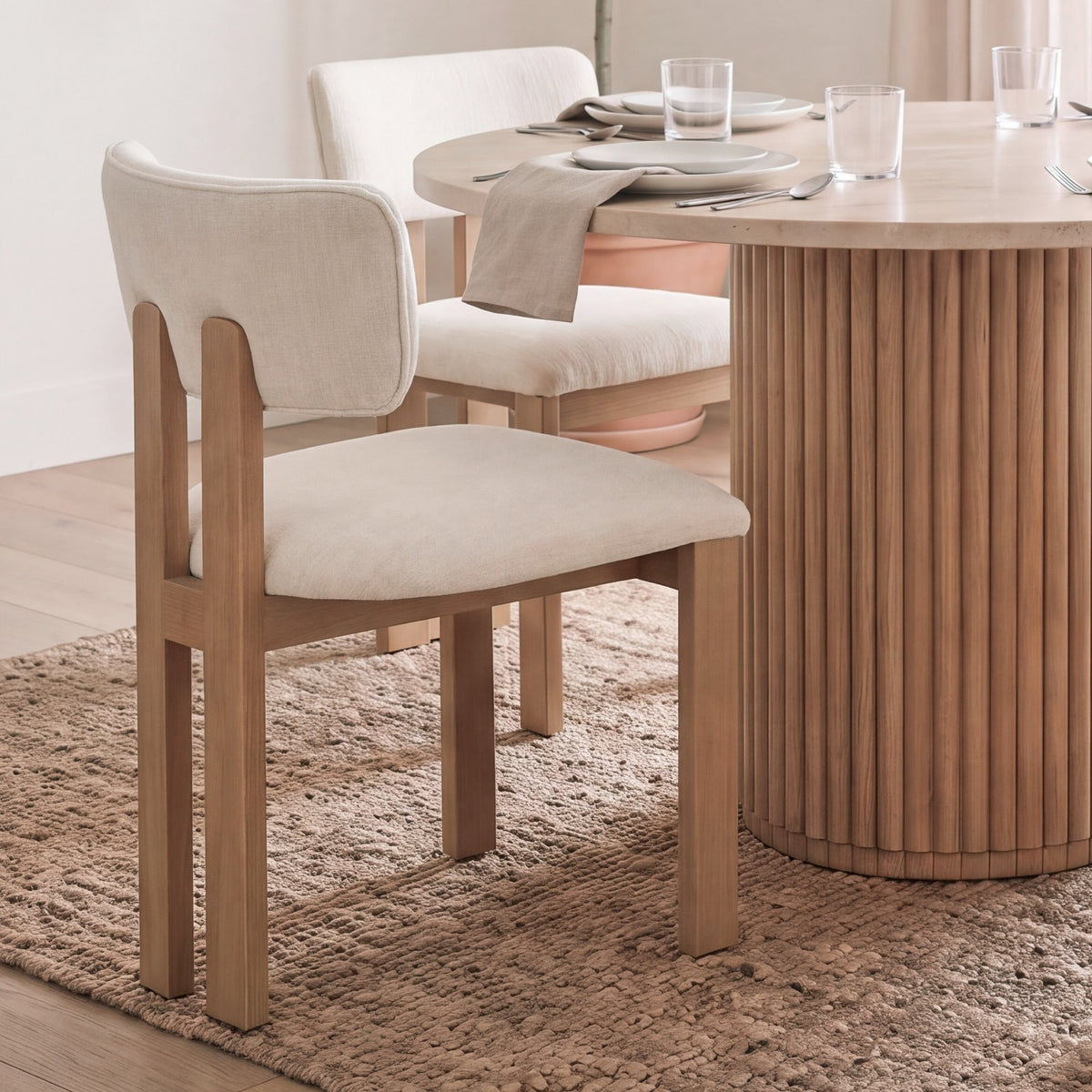 Mercana Soho Open Back Dining Side Chair | Cream Fabric w/ Light Brown Wood