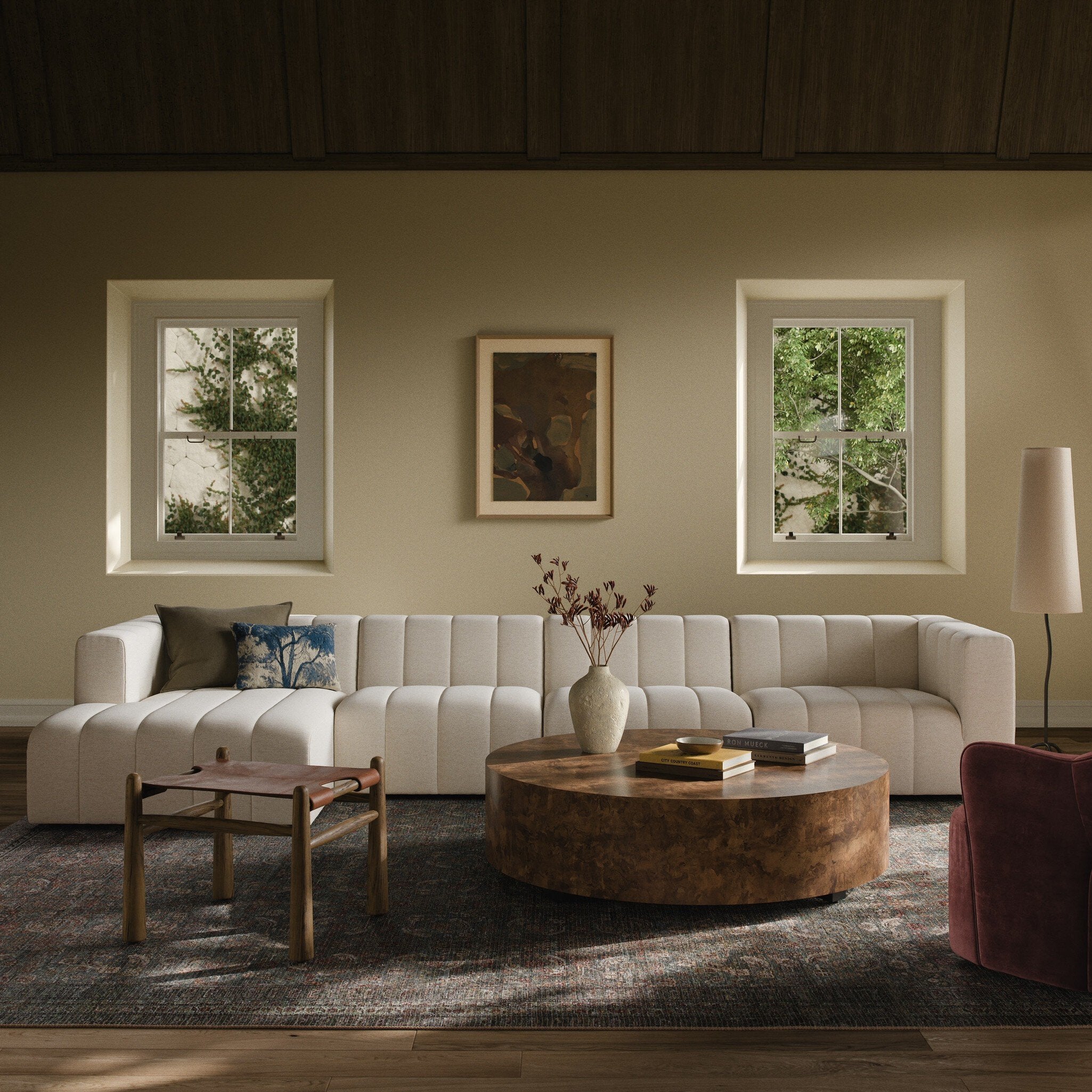 Four Hands Langham Channeled Crypton Nomad Snow 4 Piece Sectional Sofa in a styled room setting