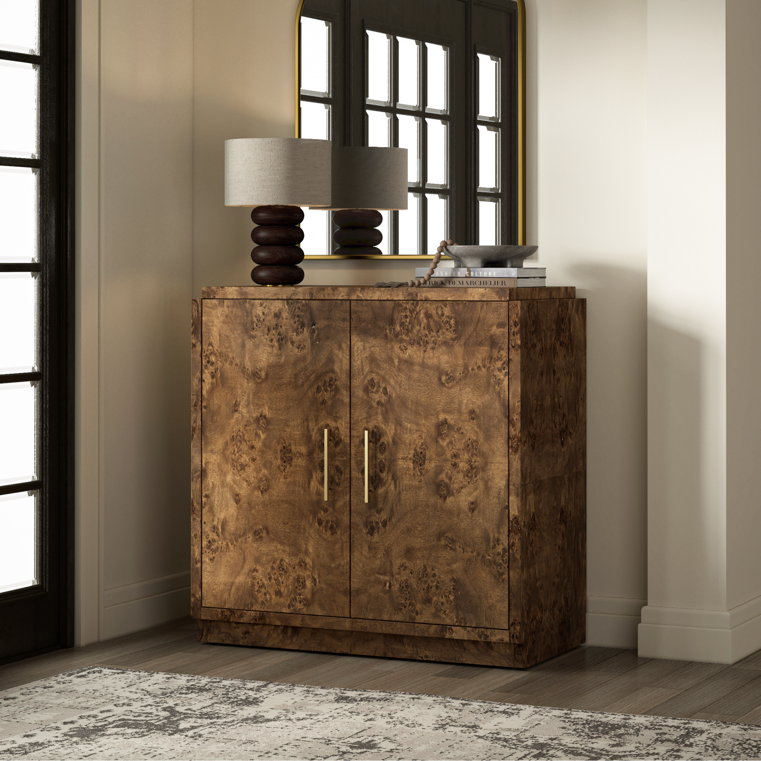Co. House Designs Wesley Dark Burl Cabinet styled in a room setting
