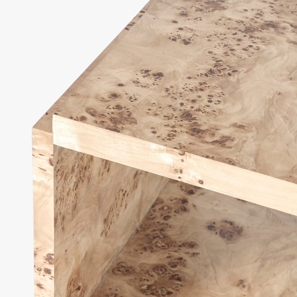 Close-up detail of the Co. House Designs Wesley Light Burl Side Table