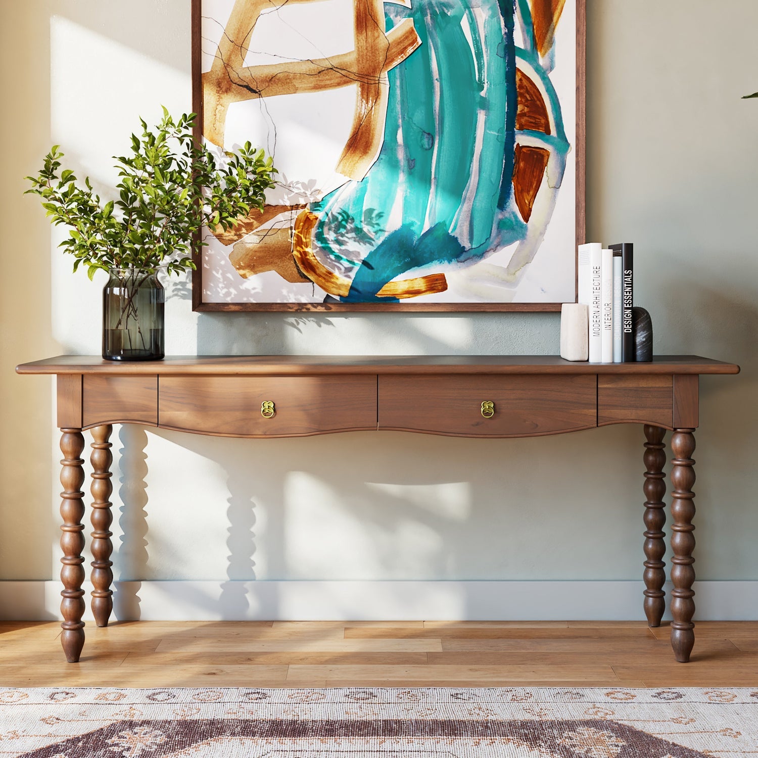 Co. House Designs Spindle Walnut Console Table styled in a room setting