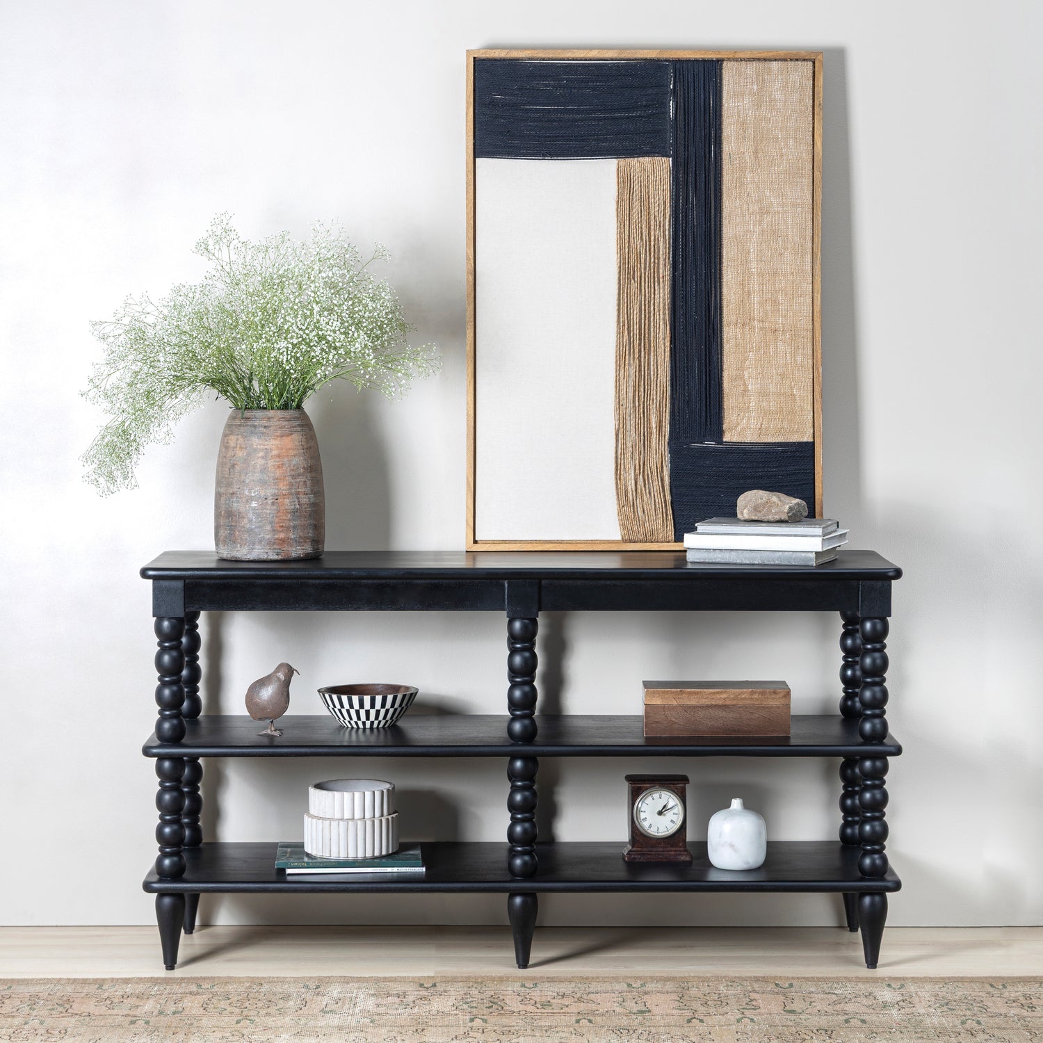 Co. House Designs Spindle Black Wide Bookcase styled in a room setting
