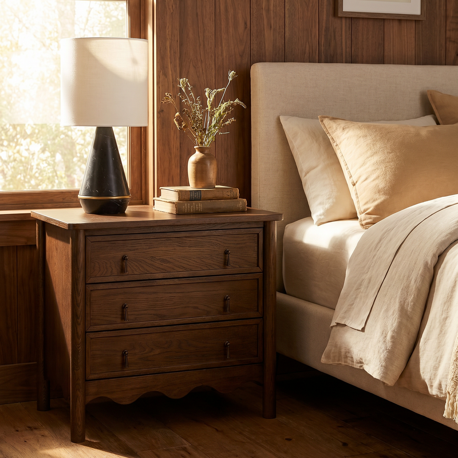 Co. House Designs Onda 3-Drawer Oak Walnut Nightstand