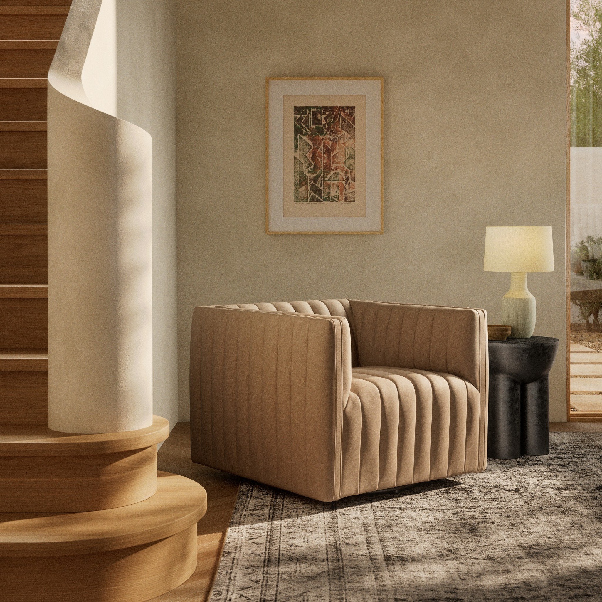 Four Hands Augustine Palermo Drift Swivel Chair in a styled room setting