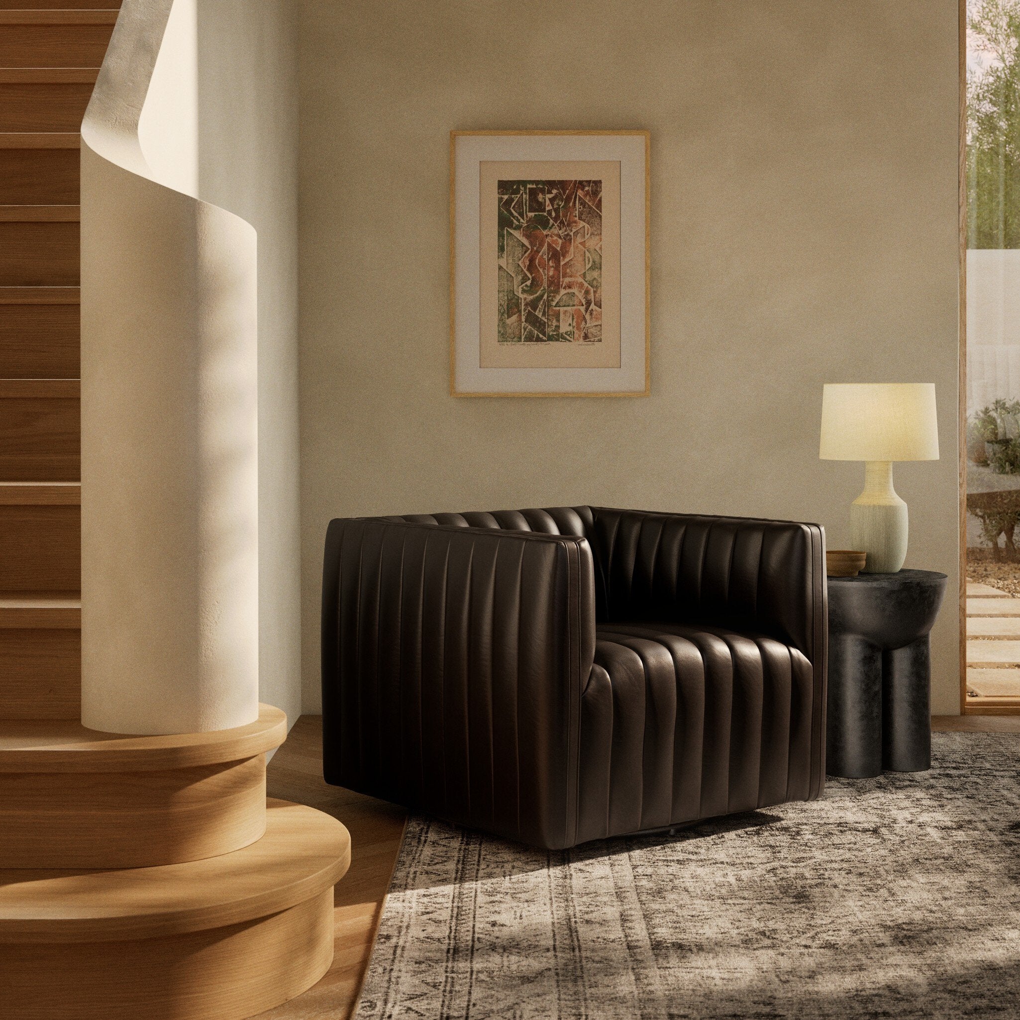 Four Hands Augustine Deacon Wolf Swivel Chair in a styled room setting
