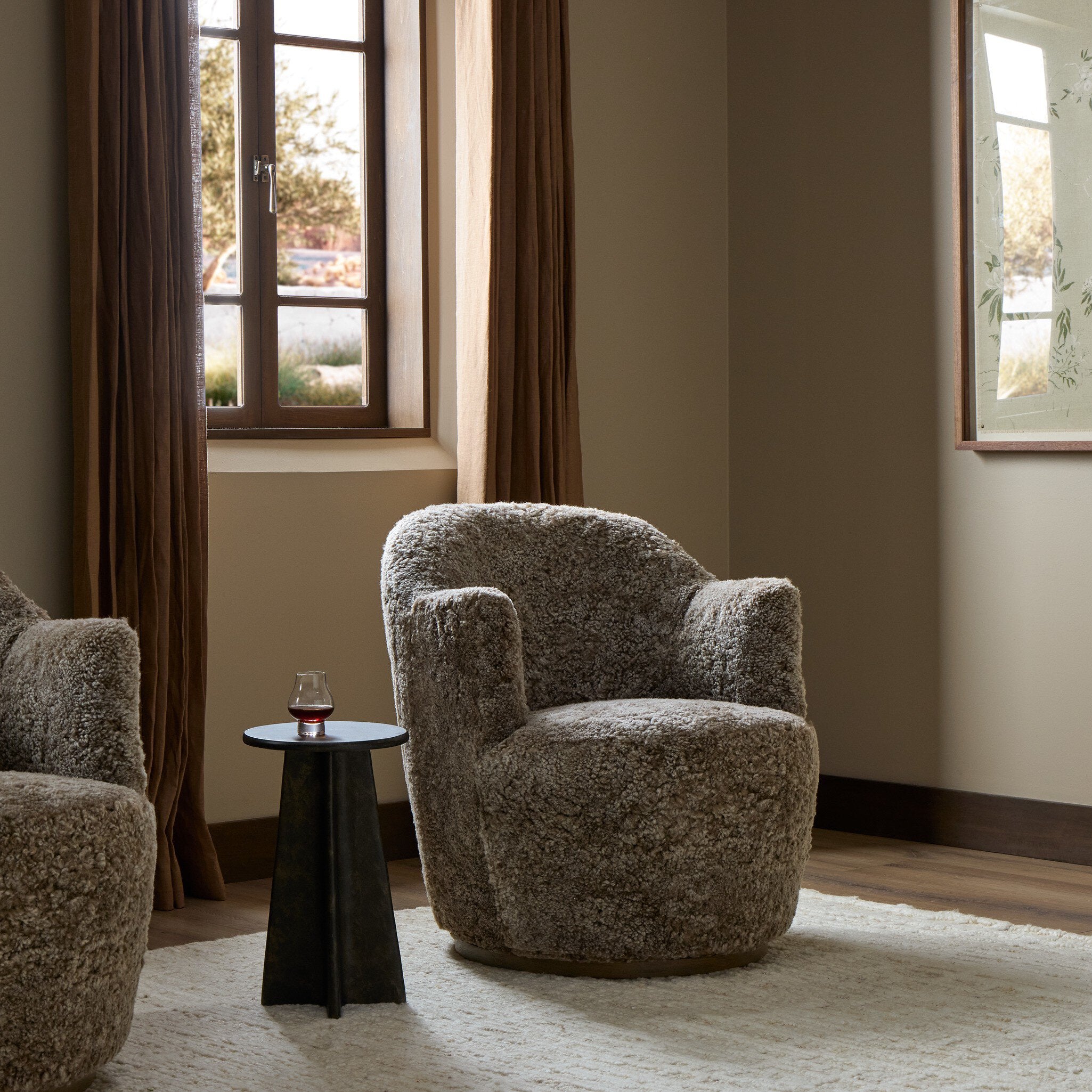 Four Hands Aurora Taupe Shearling Swivel Chair - styled room setting