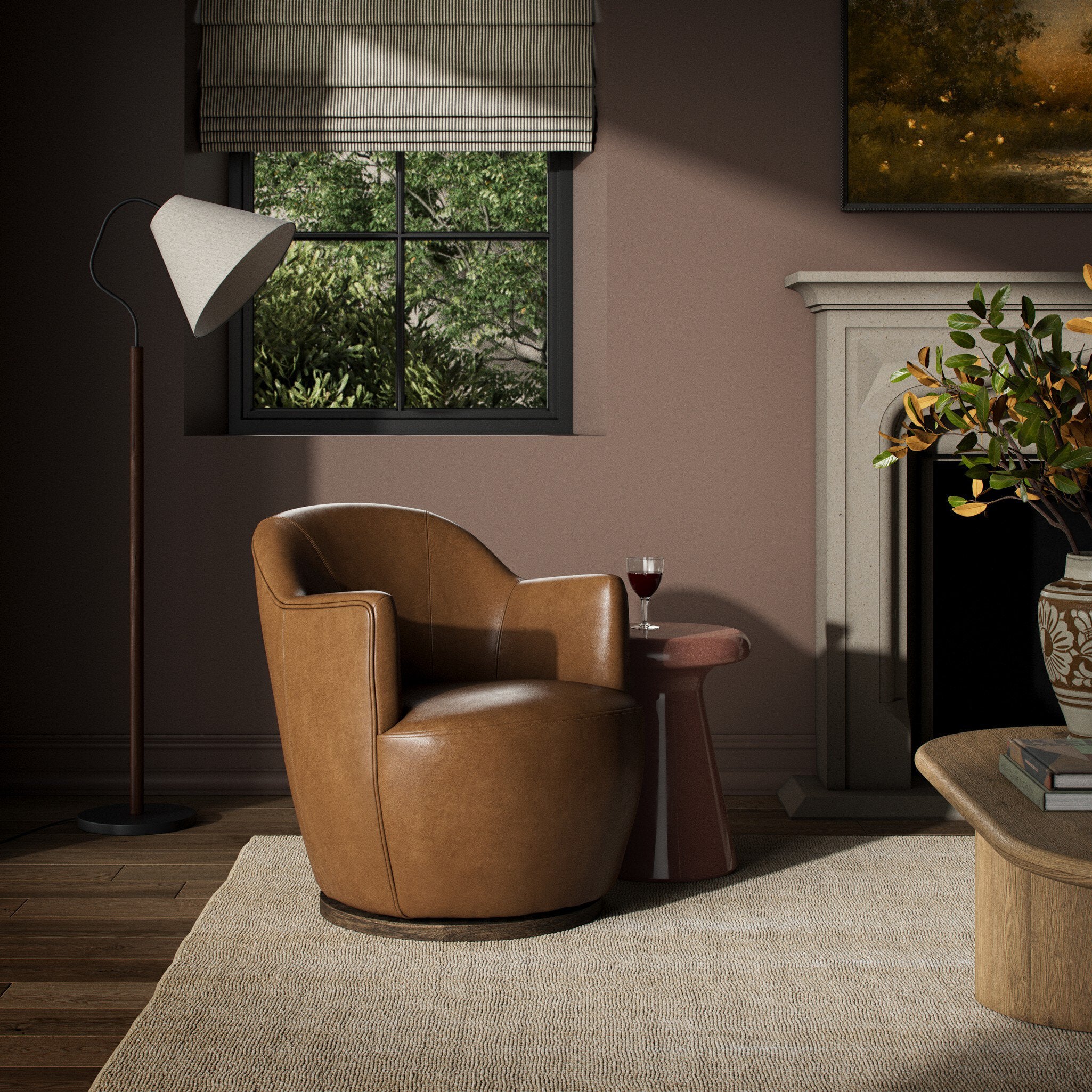 Four Hands Aurora Sonoma Butterscotch Swivel Chair - styled room setting