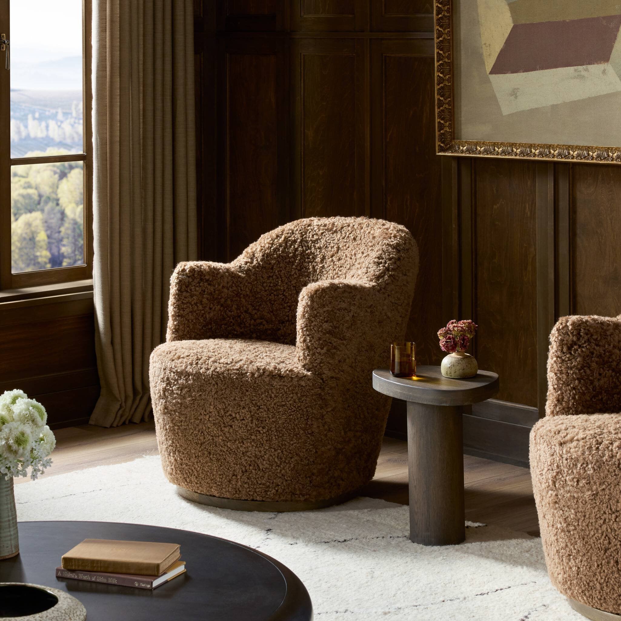 Four Hands Aurora Amber Shearling Swivel Chair - styled room setting