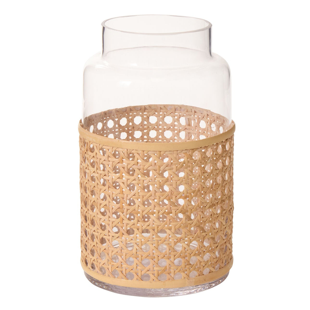Marietta Vase, clear glass vase wrapped in rattan