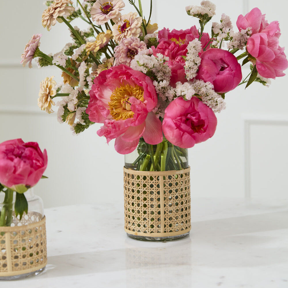 Marietta Vase styled view, clear glass vase wrapped in rattan