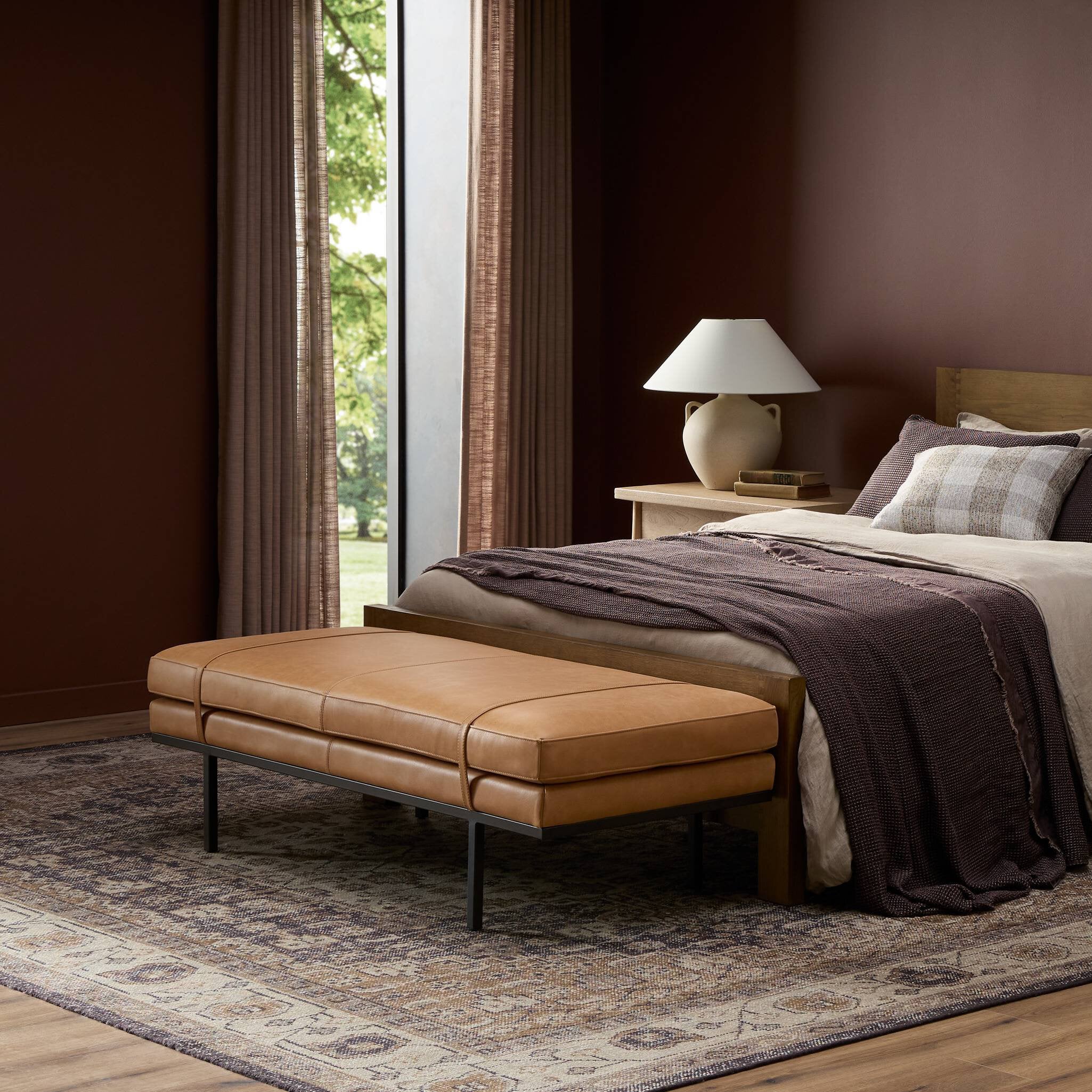 Four Hands Harris Palermo Cognac Accent Bench - styled room setting