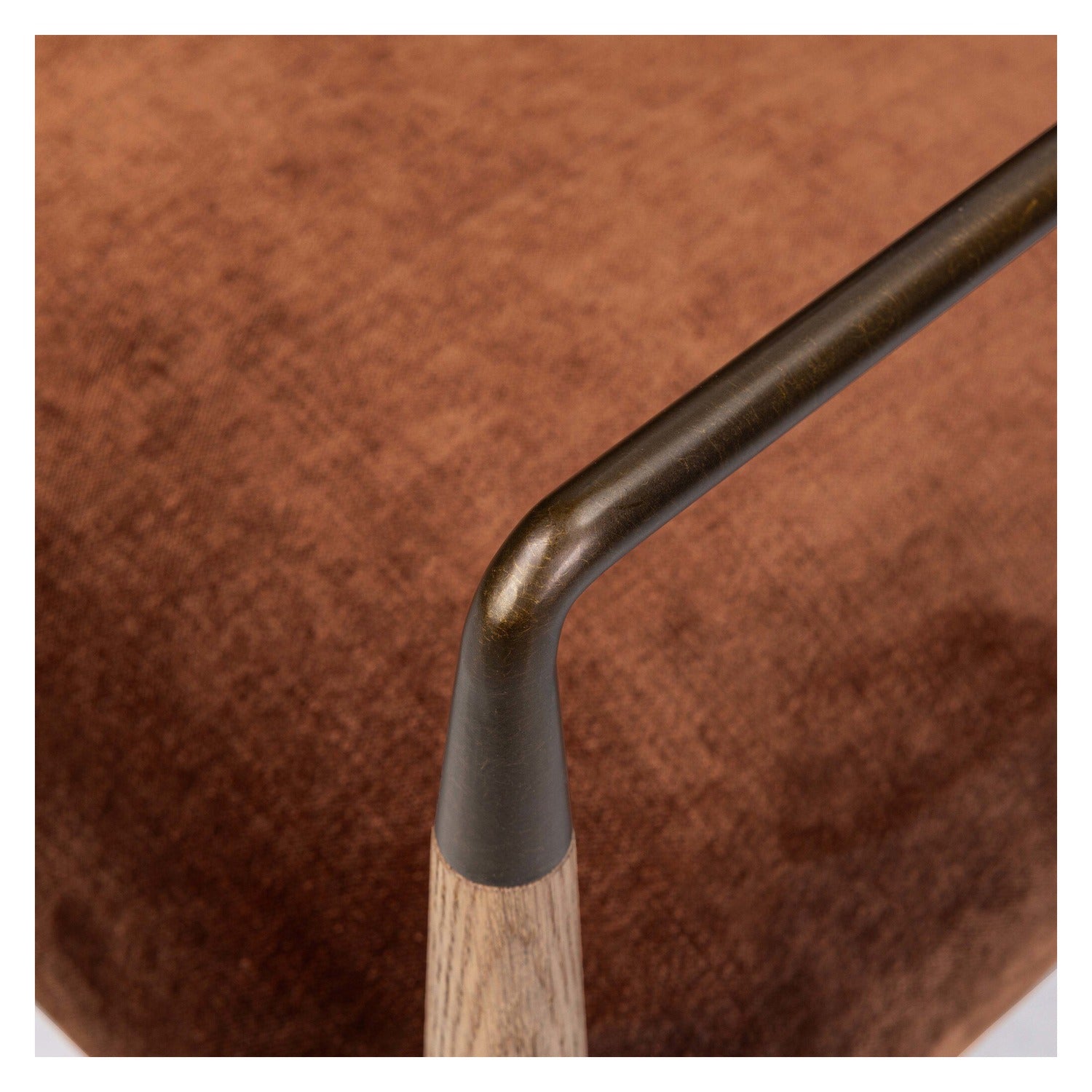 Four Hands Waldon Altair Sienna Dining Chair Set of 2 on brushed brass iron frame, close-up detail of brass hardware, view 1