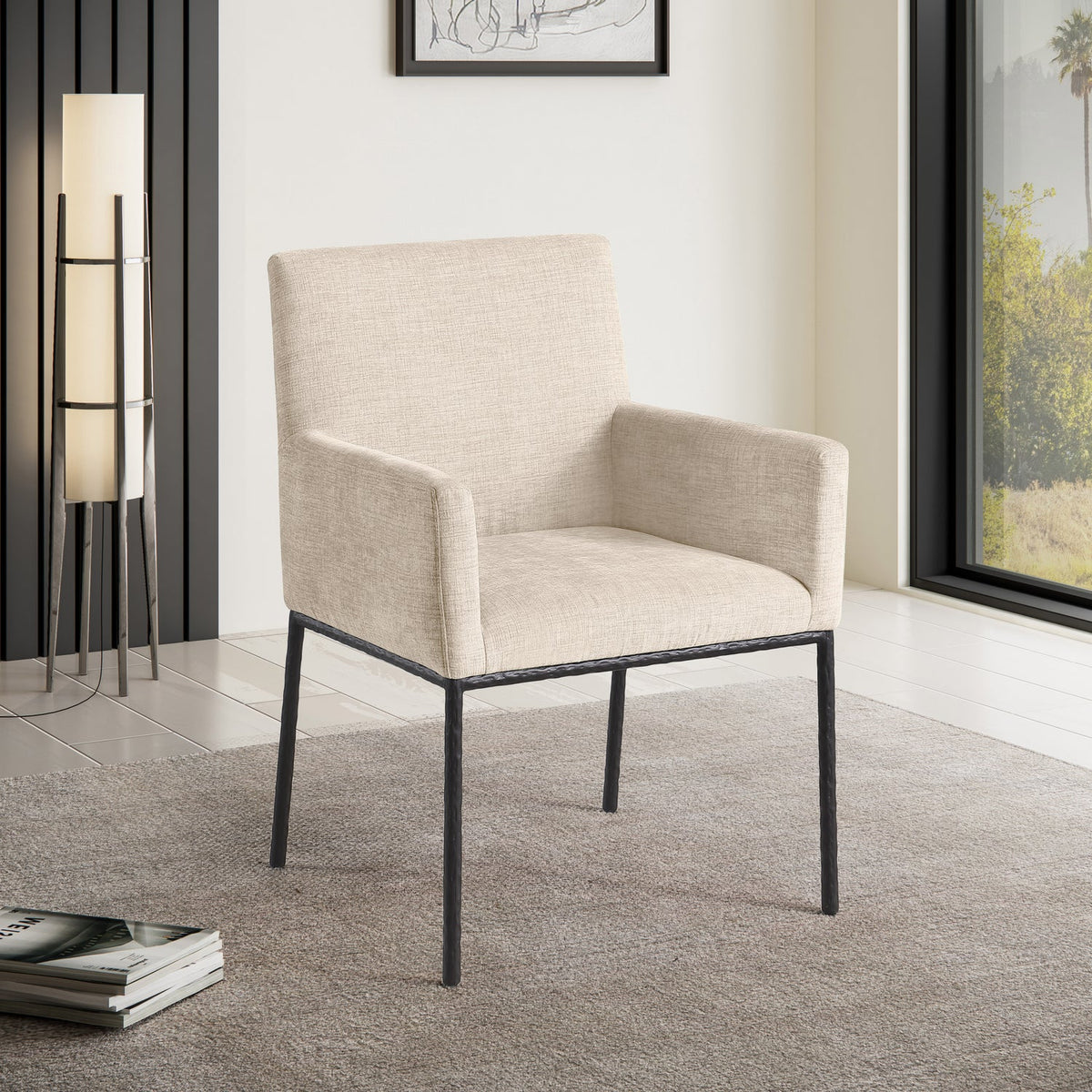 Reeves Beige Chenille Fabric Upholstered Dining Arm Chair Set of 2