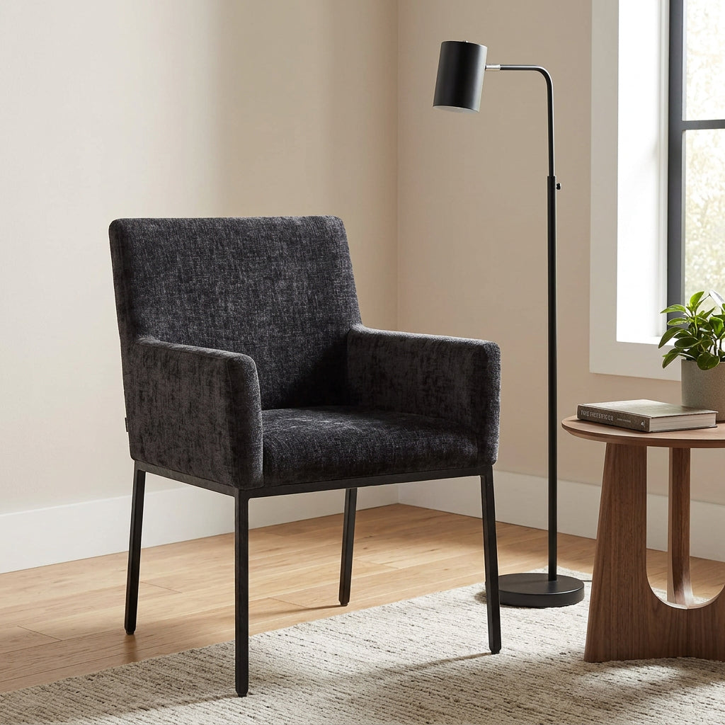 Reeves Black Chenille Fabric Upholstered Dining Arm Chair Set of 2