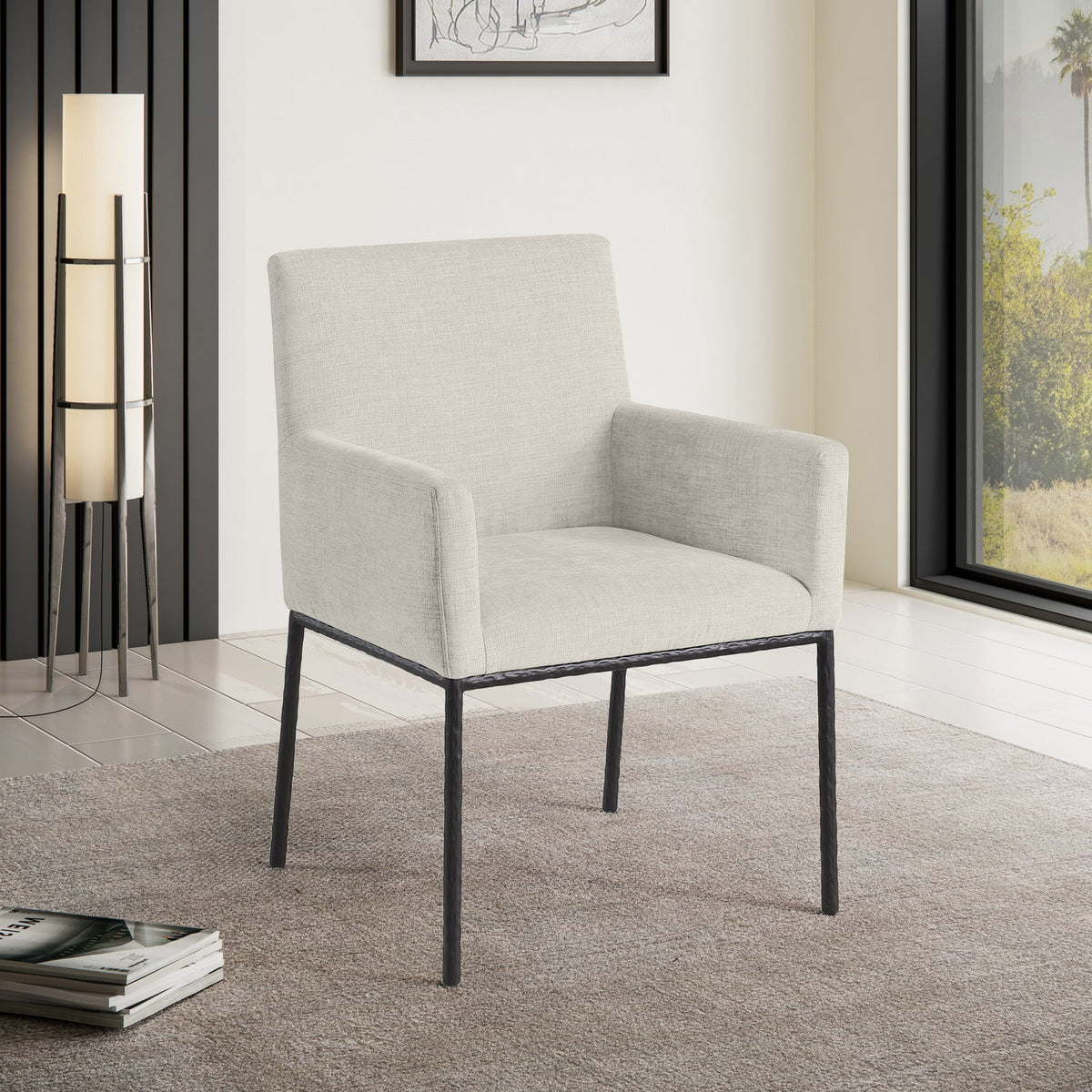 Reeves Cream Chenille Fabric Upholstered Dining Arm Chair Set of 2