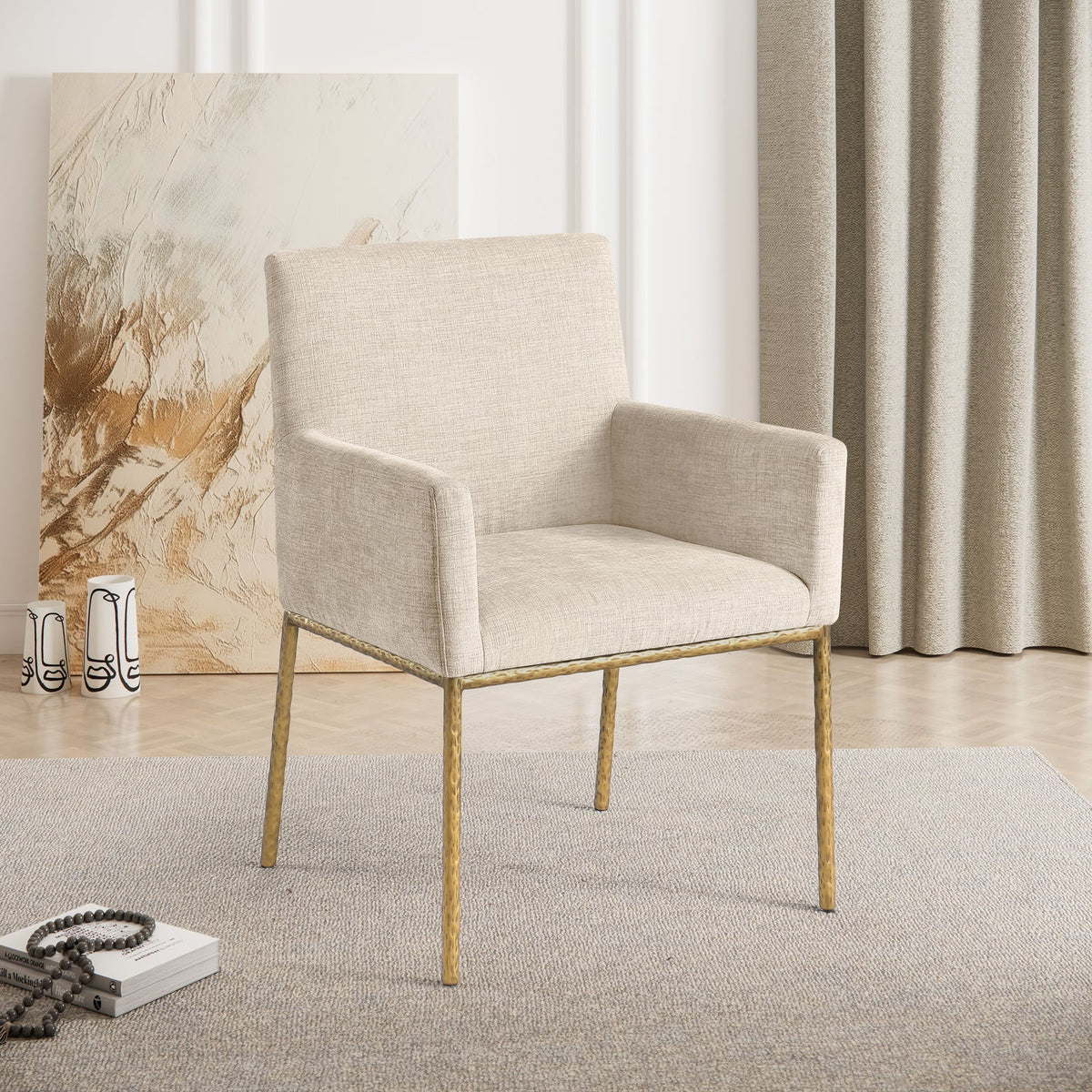 Reeves Beige Chenille Fabric Upholstered Dining Arm Chair Set of 2