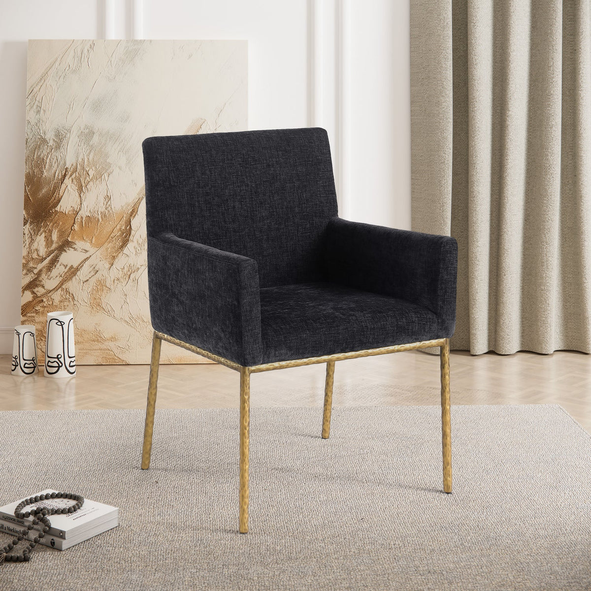 Reeves Black Chenille Fabric Upholstered Dining Arm Chair Set of 2