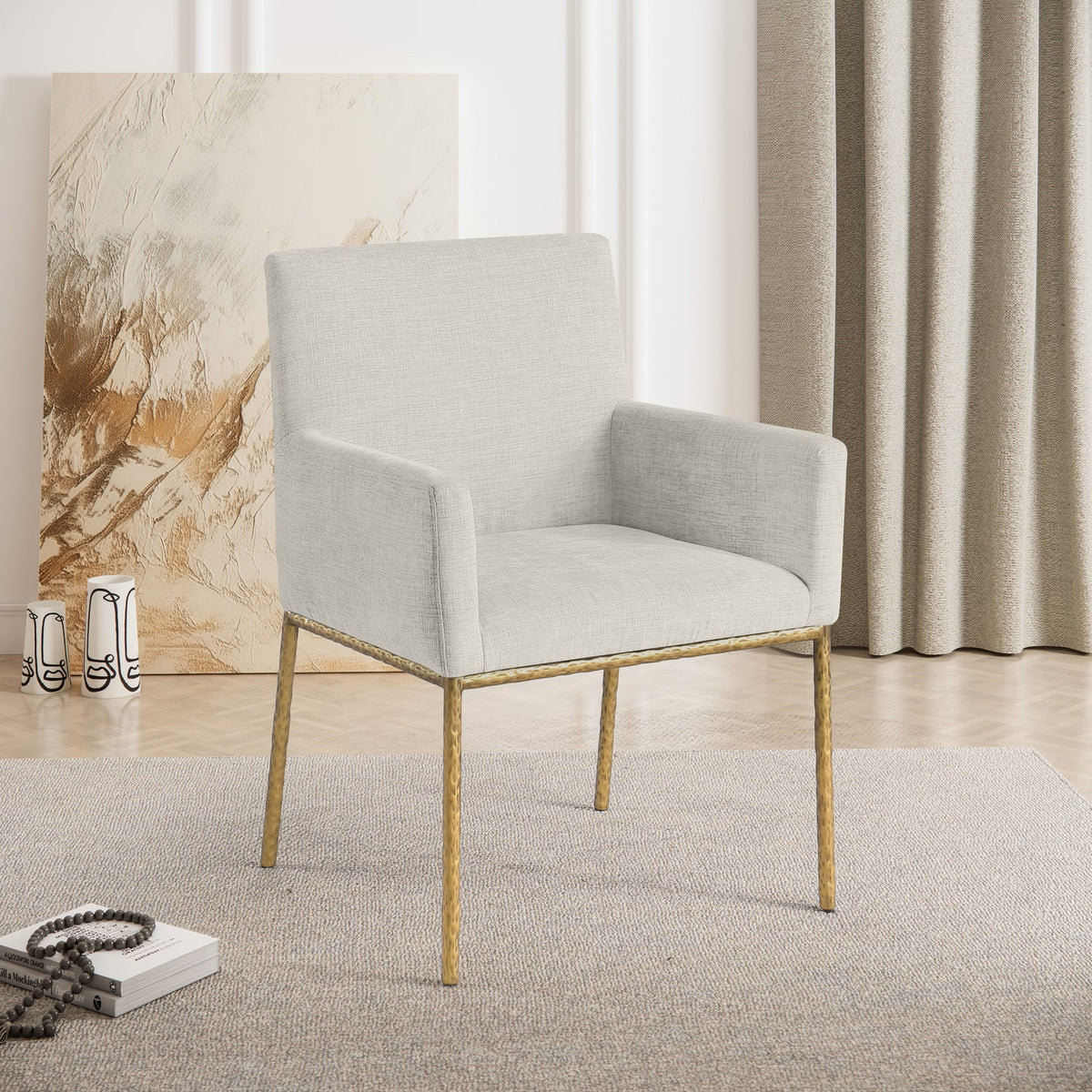 Reeves Cream Chenille Fabric Upholstered Dining Arm Chair Set of 2