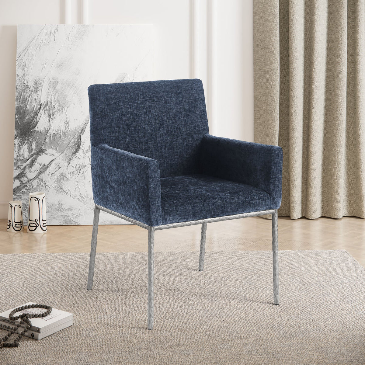 Reeves Navy Chenille Fabric Upholstered Dining Arm Chair Set of 2
