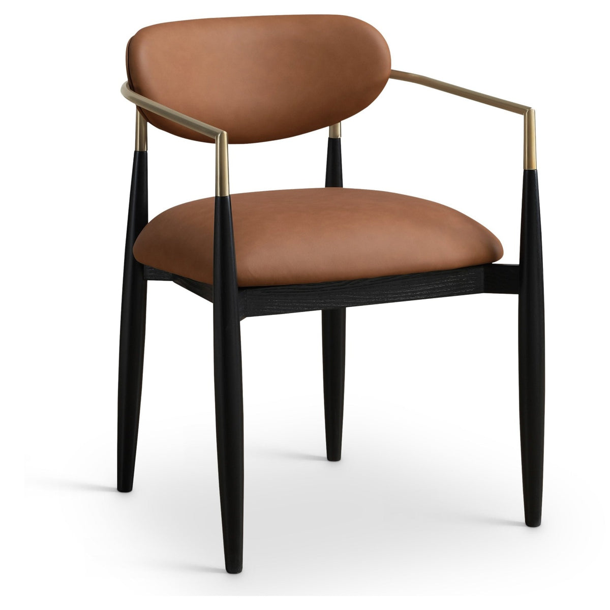Riccio Cognac Vegan Leather Upholstered Dining Arm Chair, Set of 2 in black ash, brushed brass, primary product view
