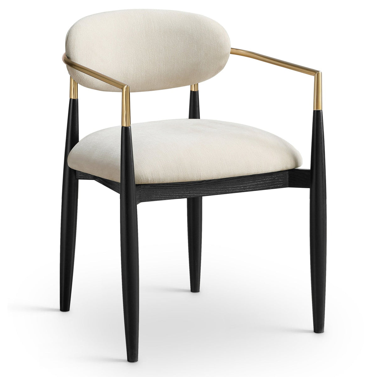 Riccio Beige Performance Fabric Upholstered Dining Arm Chair, Set of 2 in beige fabric, brass on black, primary product view