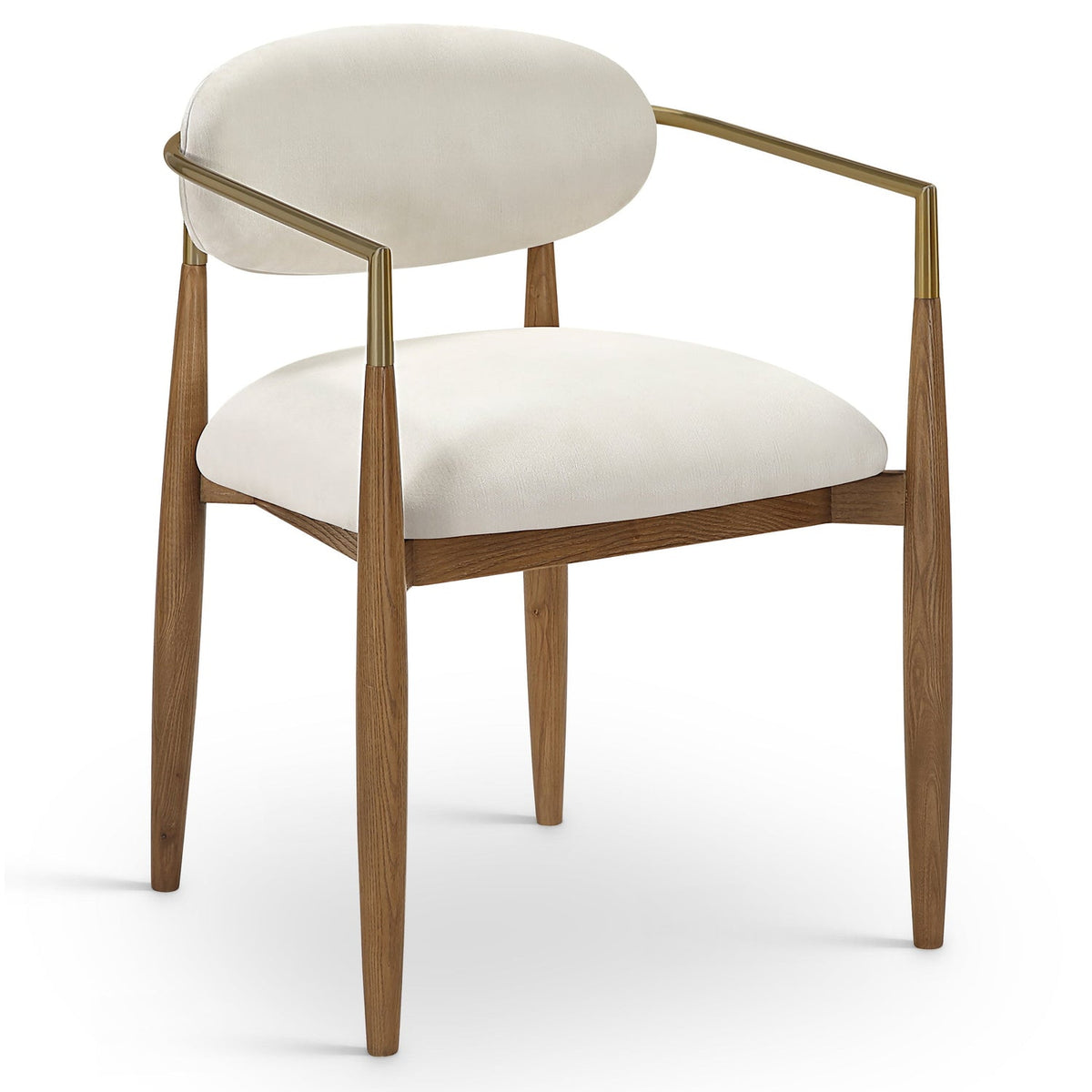Riccio Beige Performance Fabric Upholstered Dining Arm Chair, Set of 2 in beige fabric, brass on walnut, primary product view