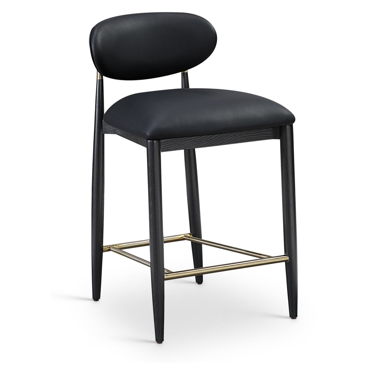 Riccio Black Vegan Leather Upholstered Stool in black finish, brushed brass, primary product view