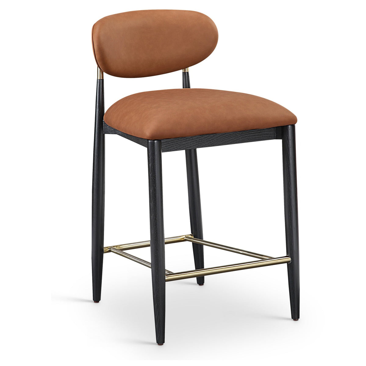 Riccio Cognac Vegan Leather Upholstered Stool in black ash, brushed brass, primary product view