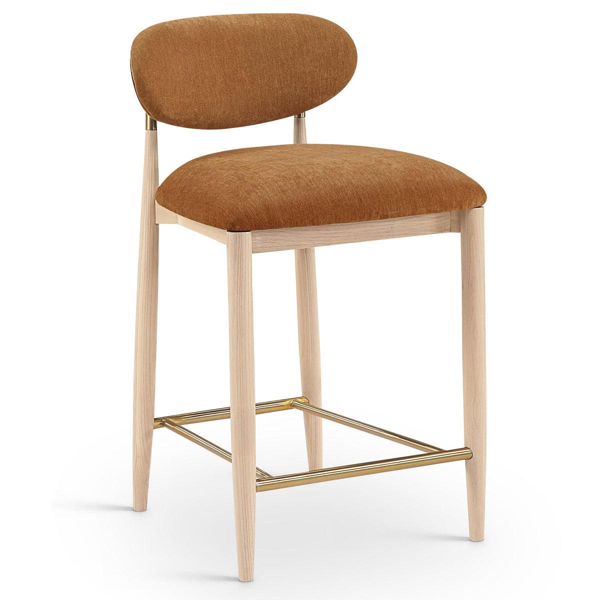 Riccio Cognac Performance Fabric Upholstered Stool in natural ash, brushed brass, primary product view