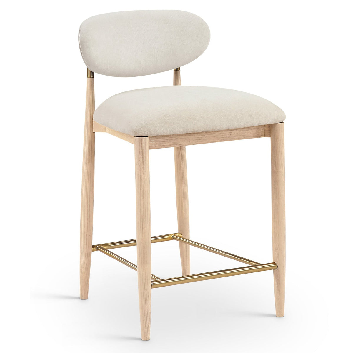 Riccio Cream Performance Fabric Upholstered Stool in natural ash, brushed brass, primary product view