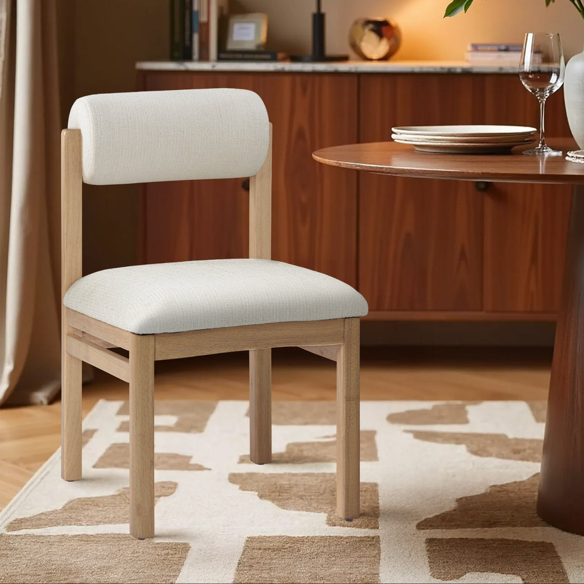 Roundhill Cream Linen Textured Fabric Upholstered Dining Chair Set of 2