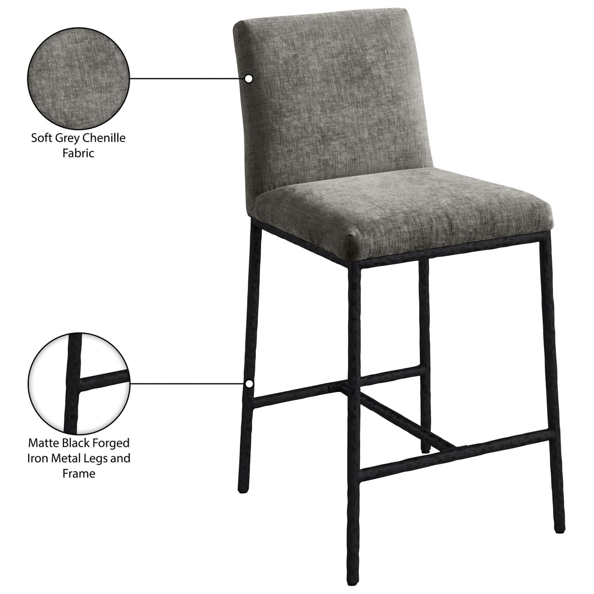 Reeves Grey Chenille Fabric Upholstered Counter Stool Set of 2