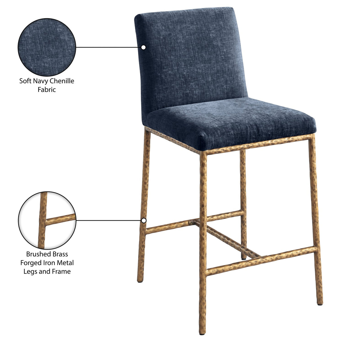 Reeves Navy Chenille Fabric Upholstered Counter Stool Set of 2