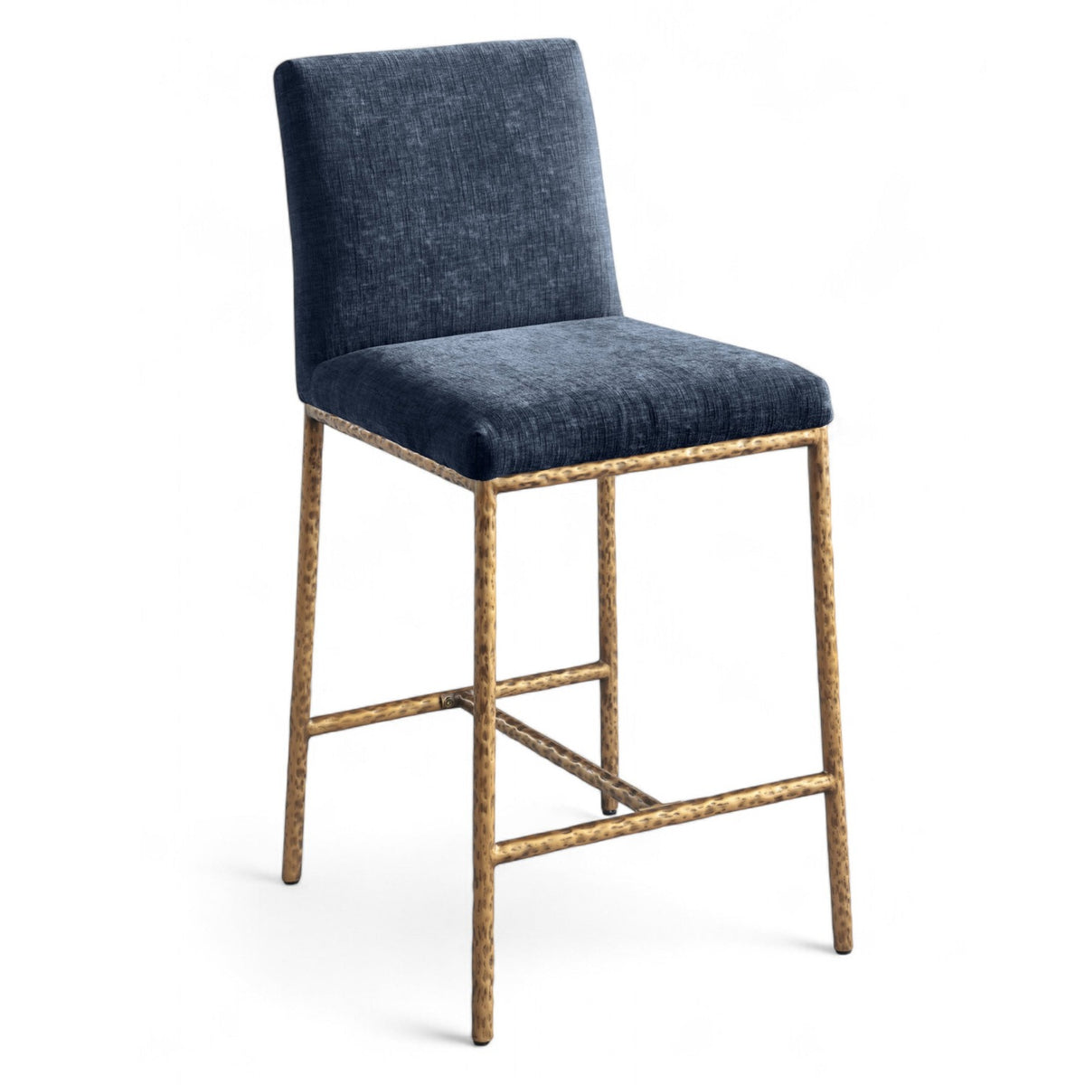 Reeves Navy Chenille Fabric Upholstered Counter Stool, Set of 2 in navy chenille and brushed brass, primary product view